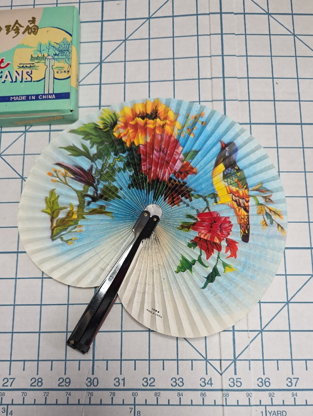 Chinese Paper Folding Hand Fan W/Metal Handle, VTG Mid-Century, #62